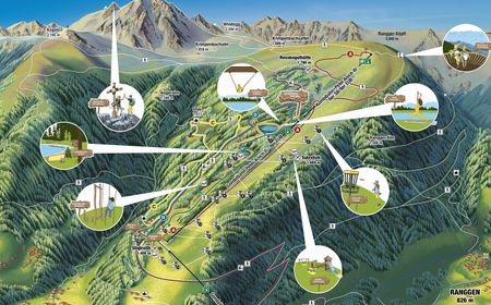 Summer panoramic map with illustrated icons of the summer leisure activities in the Oberperfuss mountain region